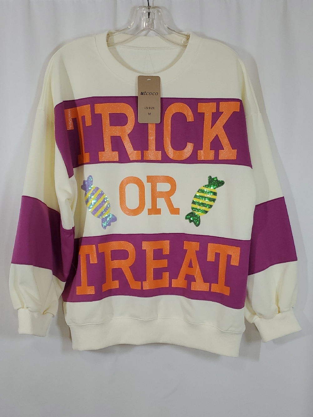 Women's Halloween Oversized Sweatshirt Pullover Trick Or Treat ~ Sequins - Picture 6 of 11